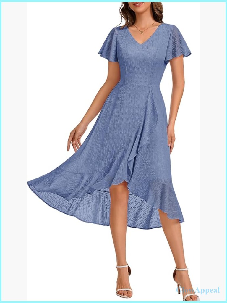 V-Neck Lace A-Line Midi Dress With Hi-Lo Hem, Back Zipper, Short Sleeves, Formal